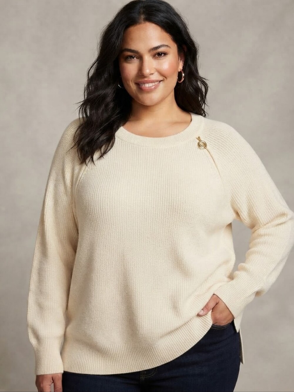 Michael Michael Kors Cream Knit Sweater with Gold Logo Zipper Details Size 2X